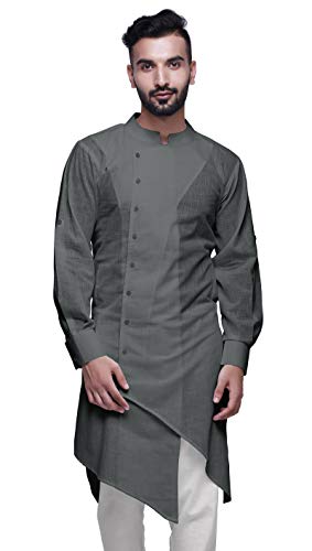 Image of Atasi Long Sleeve Mens Kurta Solid Cotton Flex Mens Long Kurta Shirt-XXXX-Large Gray