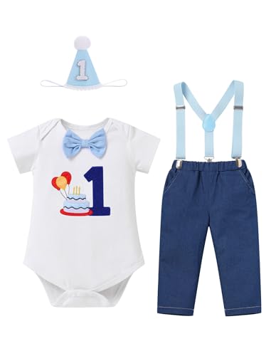 IMEKIS First Birthday Outfit Boy: Winter Onederland 1st Cake Smash Photoshoot One Year Old Baby Boy Bowtie Romper Denim Jeans Long Pants Suspenders Toddler Fall Clothes Set Dark Blue 1 9-12 Months