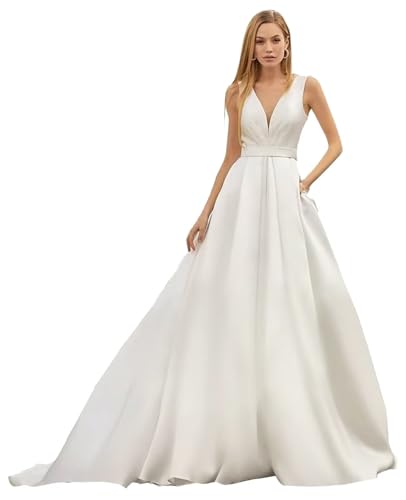 Women's V Neck Satin Wedding Dress for Bride A Line Floor Lenght Formal Bridal Dress with Pocket