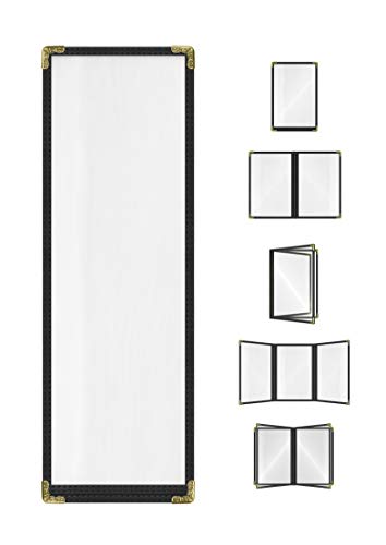 Goodsmart Restaurant Menu Covers - 25 Pack Black 1-Page/2-View 4.25" x 14", Top-Loading Vinyl Menu Holders with Clear Sleeves, Double-Stitched Edge, Leather-Style Café Covers with Gold Corners
