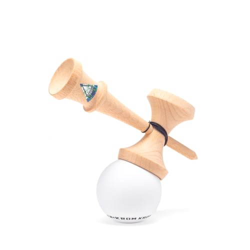 KROM Kendama POP Rubber Weiß - aus zertifiziertem Buchenholz - Hohe Holzqualität - Für Anfänger und Profis - Pack : Ersatzschnur + Stickers