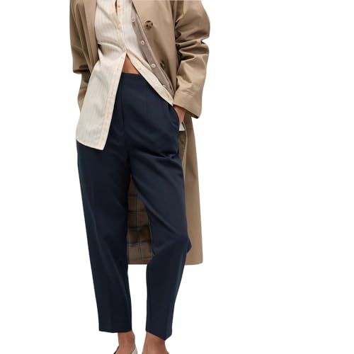 Image of Solid Navy Blue Polyester Womens Tapered Ankle Grazer Trousers