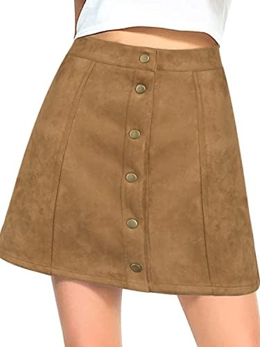 Persun Women's Brown Faux Suedettte Button Front Plain A-line Mini Skirt,X-Large