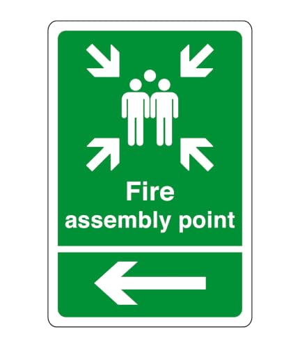 Image of Fire assembly point arrow left sign - safety sign - business signs, carpark safety signs - 1.2mm Rigid plastic for indoor/outdoor usage (300mm x 200mm) Viewing Distance within 7m.