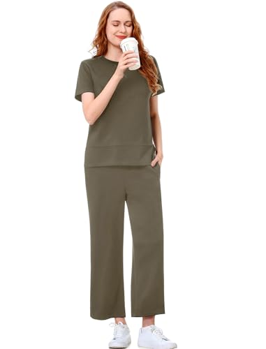 EYZH Womens 2 Piece Lounge Set - Summer Comfy Travel Outfits, Short Sleeve Wide Leg Vacation Sets Loungewear3