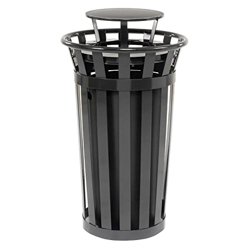 Global Industrial 24 Gallon Outdoor Metal Slatted Trash Receptacle with Rain Bonnet Lid, Black