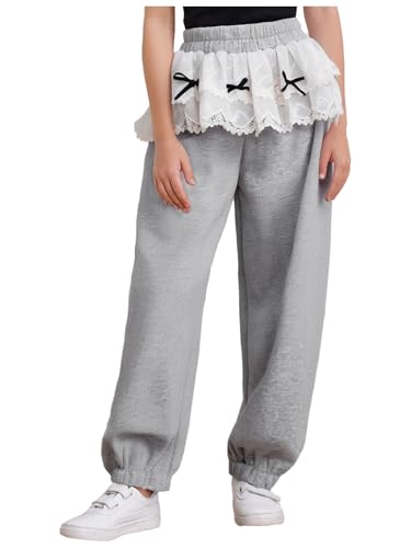 Linjinx Kids Girls Y2K Bowknot Lace Baggy Sweatpants Lightweight Casual Peplum Pants Athletic Trousers with Pockets
