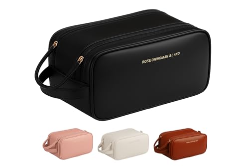 Necessaire Bolsa Organizadora de Maquiagem Couro Sintético Grande Capacidade com Duas Camadas, Alça Lateral, Divisórias Internas e Suporte para Pincéis – Ideal para Viagem (Preto)