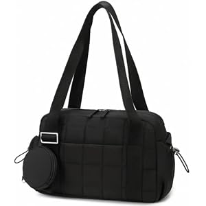 Mini Gym Bag for Women, Small Gym Tote Bag Puffy Quilted Sports Duffel Bag with Wet Compartment and Coin Purse Duffel Bags Dance Yoga Workout Bag for Gifts (All Black, Mini-12.6″)