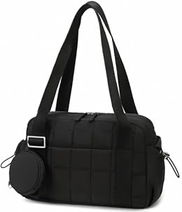 CAMTOP Mini Gym Bag for Women, Small Gym Tote Bag Puffy Quilted Sports Duffel Bag with Wet Compartment and Coin Purse Duffel Bags Dance Yoga Workout Bag for Gifts (All Black, Mini-12.6")