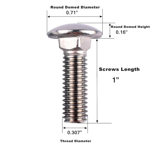 Image of 5 /16-18 x 1 inch Carriage Bolts Screws, 18-8 Stainless Steel 304, Round Head, Square Neck, UNC Fully Machine Coarse Threaded,10Pcs