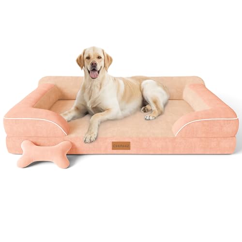 Image of CWAWZ Jumbo Dog Bed for Extra Large Dogs, Orthopedic Dog Bed with Cooling Gel Memory Foam, Waterproof Pet Bed with Removable Washable Cover, 45 inch Pet Sofa Couch Dutch Velvet with Bone Toy, Peach Pink