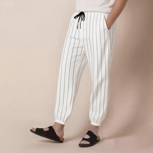 Hawyet Lounge Pants for Men Striped Elastic Waist Drawstring Tapered Summer Pants Ankle Length Lightweight Joggers4
