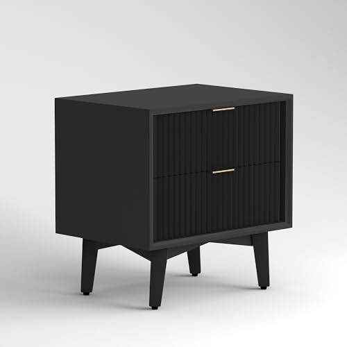 Image of ONIJA Wooden Bedside Table for Bedroom | Wooden Bed Side Nightstand Lamp Table with 2 Drawers & Open Shelf Storage for Home & Hotels | HDMR Premium Wood (Black)