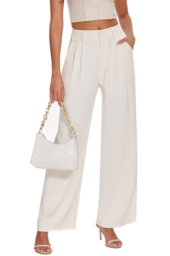 FUNYYZO Women's Loose Pleated Front Long Pants Wide Leg Trousers Solid Causal Dressy