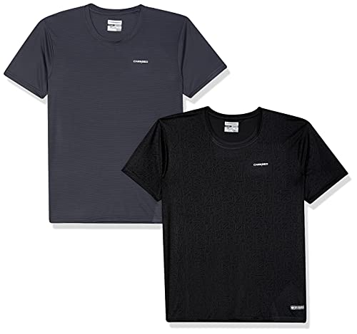 Image of Charged Play-005 Interlock Knit Geomatric Emboss Round Neck Sports T-Shirt Black Size 2Xl And Pulse-006 Checker Knitt Round Neck Sports T-Shirt Graphite Size 2Xl