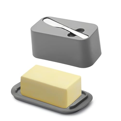 Evanda Butterdose mit Deckel für Arbeitsplatte und Kühlschrank Türablage mit Butterstreumesser, Butterhalter, Kunststoff Butterhalter Tablettbehälter für Ost / Westküstenbutter