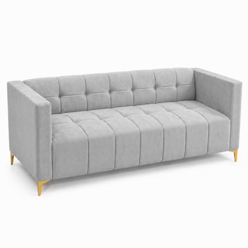 Image of FURNY Homeliving 4 Seater L Shape Sofa Set with Movable Ottoman & Golden Legs | Flexible Left or Right Layout | Plush Velvet Fabric (Light Grey) | Perfect for Living Room, Guest Room & Office
