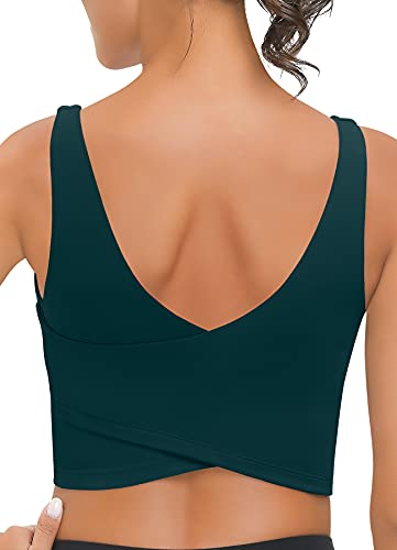 Longline Sports Bras for Women Medium Support V-Neck Wirefree Padded Soft Yoga Workout Bra Tops with Built-in Bra
