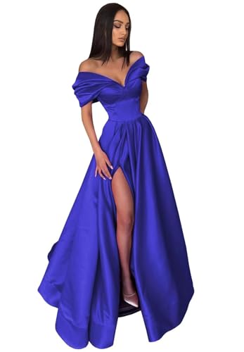 Image of Pleated Off The Shoulder Satin Prom Dresses for Women, Formal Evening Gowns Cocktail Party Dresses with Slit&Pockets