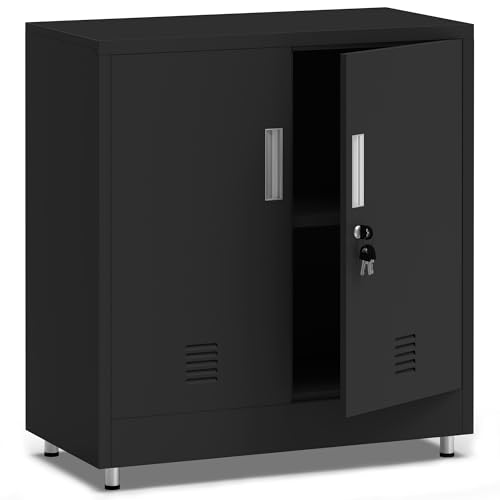 JINKUR Metal Storage Cabinet with Locking Doors and Adjustable Shelf Small Lockable Sideboard Buffet Cabinet for Home Office Entryway Hallway Living Room Kitchen and Dining Room (Black)
