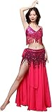 UTHTY Bauch Kostüm Pailletten Quasten Tanz Hüfte Wickelrock Damen Perlen Schal Outfit Gürtelrock Seidenminirock (Color : Hot Pink, Size : One Size)