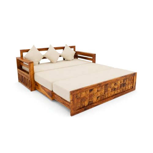 Image of SONA ART & CRAFTS Diamond Sheesham Wood Sofa Cum Bed 3 Seater with Storage and Side Pockets for Living Room Organizer Furniture Sofa Bed Home, Bedroom (Natural Finish)