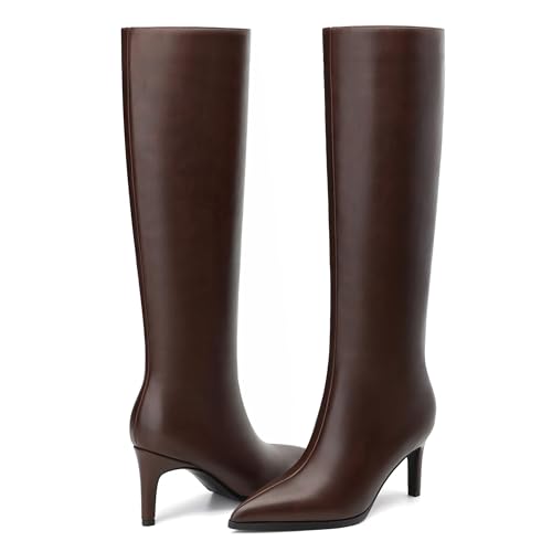 Image of ROSERWISH Women's Knee High Boots Pointed Toe Low Kitten Heel Tall Boots Comfortable Casual Fall Long Boots With Side Zipper