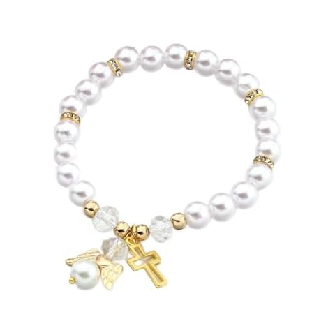 LPYO Pearl Cross Bracelet for Women Dainty Charm Hollow Cross Angel Pendant Bracelet Hanmade Elastic force Adjustable Christian Bracelet Religious Beaded Bracelets Catholic First 1st Communion Easter Gifts (white) Cover