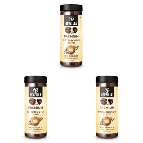 Image of Bevzilla 200 GM Butterscotch Flavoured Instant Coffee Powder | Arabica Beans | Best For Espresso, Latte & Cappucino | Hot & Cold Coffee | Unbreakable Jar (Pack of 3)