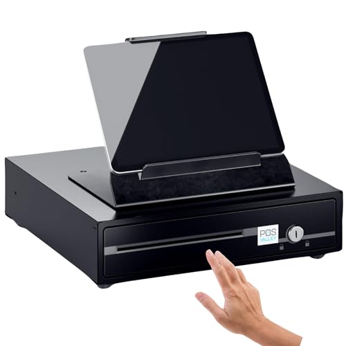 POS VALLEY Cajón Portamonedas Pequeño de Hierro para Billetes y Monedas (Euro) Panel Frontal con Apertura Manual a Presión 33x37cm con Soporte Universal para Tablet 9 13''