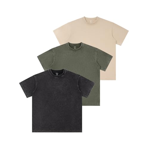 3PCS Vintage Heavyweight Cotton T Shirts for Men Oversized T Shirts for Women Unisex Acid Washed Tee