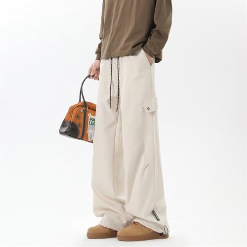 Seidarise Men's Black Cargo Wide - Leg Pants, Adjustable Drawstring Waist, Trendy Loose Fit Trousers2