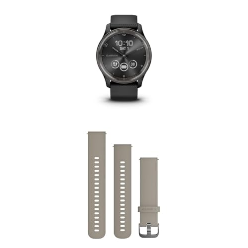 Garmin vívomove Trend, Stylish Hybrid Smartwatch with up to 5 days battery life, Black & Quick Release Band (20 mm) - Beige