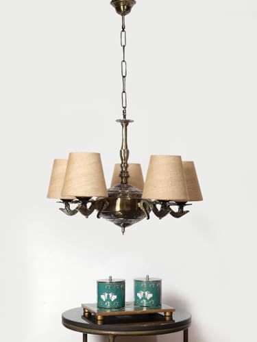 Image of Devansh 05 Lights Beige Jute conical Shade with Antique Golden Chandelier