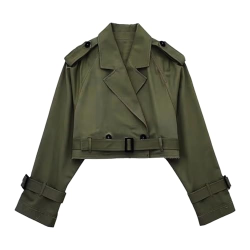 Bauzuoyo Gabardina corta para mujer, solapa cruzada, cortavientos, con cinturón, clásico, monocolor, abrigo de oficina, informal, chaqueta de entretiempo, estilo callejero, manga larga, abrigo corto
