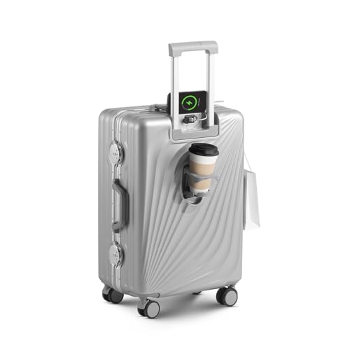 Image of Carry On Luggage, Aluminum Frame Zipperless Suitcase, Silver, 20 in | Airline Approved, Hardside, TSA Lock, 360Spinner Wheels, PC, Wet and Dry Separation Pocket, Cup and Phone Holder, Side Hook