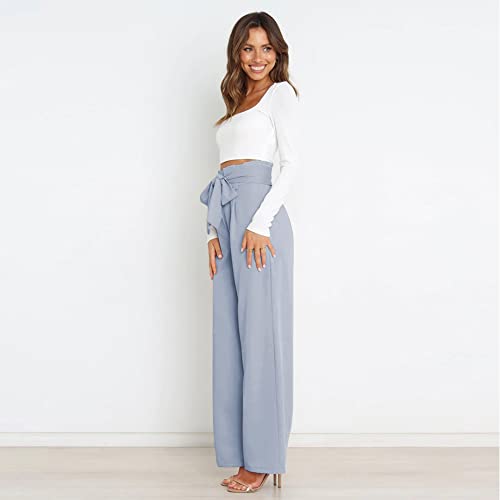 Women's Casual High Waist Belted Wide Leg Pants with Pocket Bow-Knot Self Tie Work Pants Long Palazzo Pants Trousers3