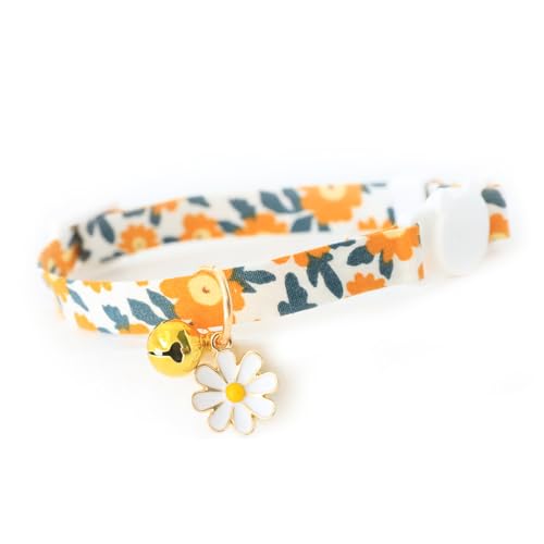 猫 首輪 猫 首輪 セーフティバックル 鈴付き デイジー柄 安全留め具 かわいいネックレス 猫の首輪 小動物 小型犬用 超軽量 安全 調節可能 (オレンジ)