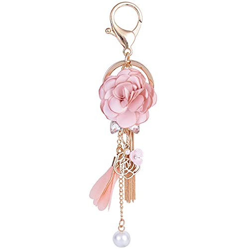 Key Chain Women for Car Keys - Cute Keychain Holder Accessories Pendant - Fabric Flowersï¼ŒTasselï¼ŒBead - Keychains Decorate for Walletï¼ŒHandbagï¼ŒBackpack - The Best Gift for A Girl (Pink flowers)