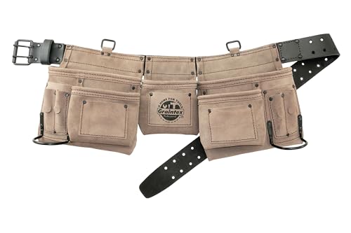 Graintex 11 Pocket Professional Suede Leather Tool Belt, Tool Bag Beige Color, 2” Leather/Webbing Belt, 2 Hammer Holders for Construction, Carpenter, Roofing, Drywallers, DIYers