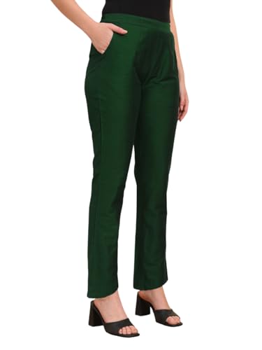 Image of Vogaan Women's Cotton Silk Pant | Half-Elasticated Waist Slim Fit Trouser for Women | Casual Pocket Pants for Office Formal Daily Use