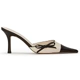 VOLEECE Bow Tie Mules Heels for Women Pointed Toe Kitten Heel Slip On Pumps Shoes Two Tone Backless Stiletto Heels Wedding Dress Daily Pumps Shoes