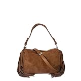 MODELISA - Bolso Pequeño de Hombro con Flecos Correa Ajustable Cierre con Cremallera para Mujer (Marrón)