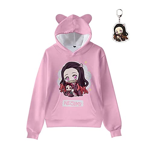Demon Slayer Hoodie Kids Men Women Kimetsu no Yaiba Anime Cat Ear Pullover Unisex Nezuko, Free Keychain (Nezuko,2XS,XX-Small)