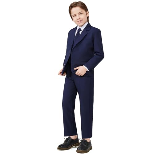 Luca Gabriel Toddler Boys' 5 Piece Classic Fit No Tail Formal Navy Blue Dress Suit Set with Tie and Vest - Size 4t