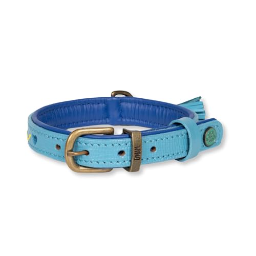 Dog with a Mission - Hundehalsband S | Sky | Blau mit Herzen | Boho und Hippie | Ideal für mittelgroße Hunde | Handgemacht | Modisch und Bunt | Aus weichem Echtes Leder | 2,5 cm Breit