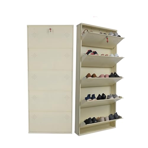 Image of 5 Door Wall Mounted Metal Shoe Rack Cabinet with Lock | Space Saving Shoe Storage Cabinet for Home, Entryway & Balcony | Dustproof Ventilated Shoe Organizer | Ivory | 63 x 26 x 6 Inch
