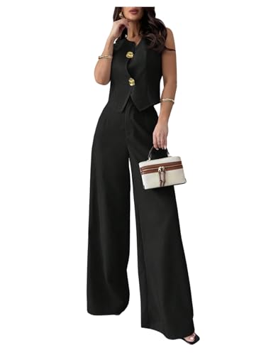 WDIRARA Women's 2 Piece Outfits Button Blazer Vest Wide Leg Pants Set Business Outfits