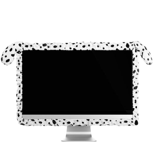 Remagr 20"-29" Cute Computer Monitor Cover with Dog Ears Furry Elastic Monitor Dust Cover White and Black Protector Accessories Laptop TV LCD Screen Decoration for Tablet